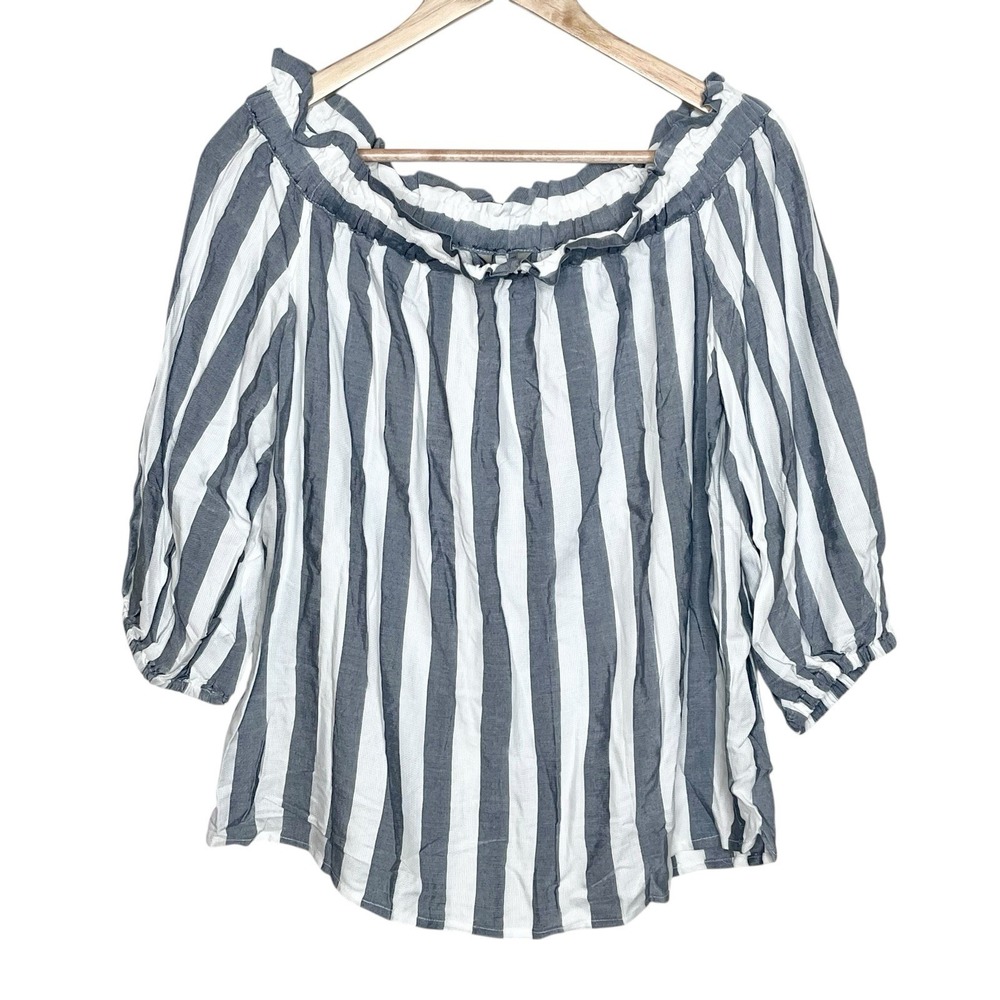 Banana Republic Off The Shoulder Striped Top Gray White Womens M Nautical Preppy